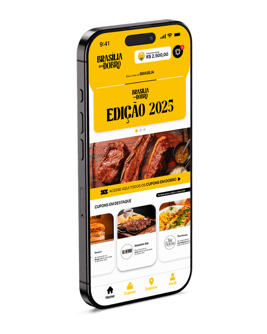 App Brasilia em Dobro: tela inicial, mapa interativo e lista de cupons